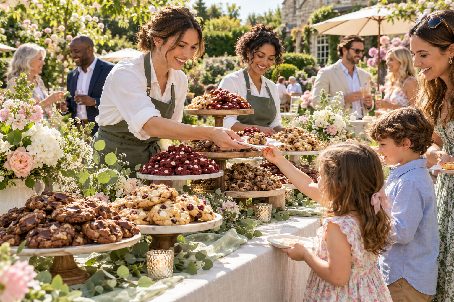 A garden party with friendly hosts, a cookie display and children and adults enjoying treats