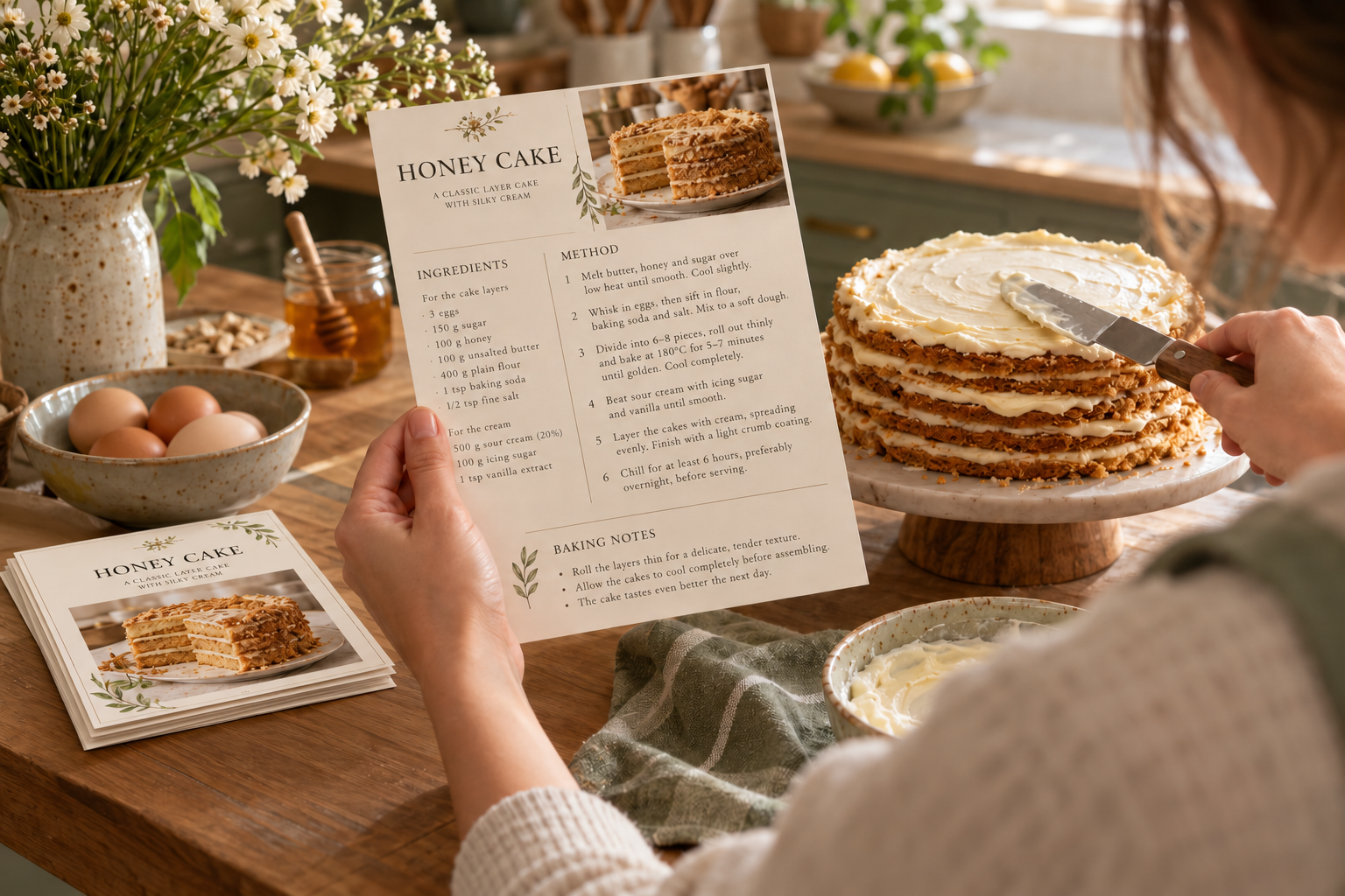 Recipe card layout preview: a honey cake card held while baking, with four additional cards stacked on the table