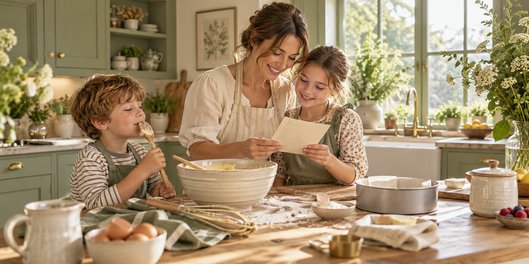 A family enjoying baking from recipe cards at home